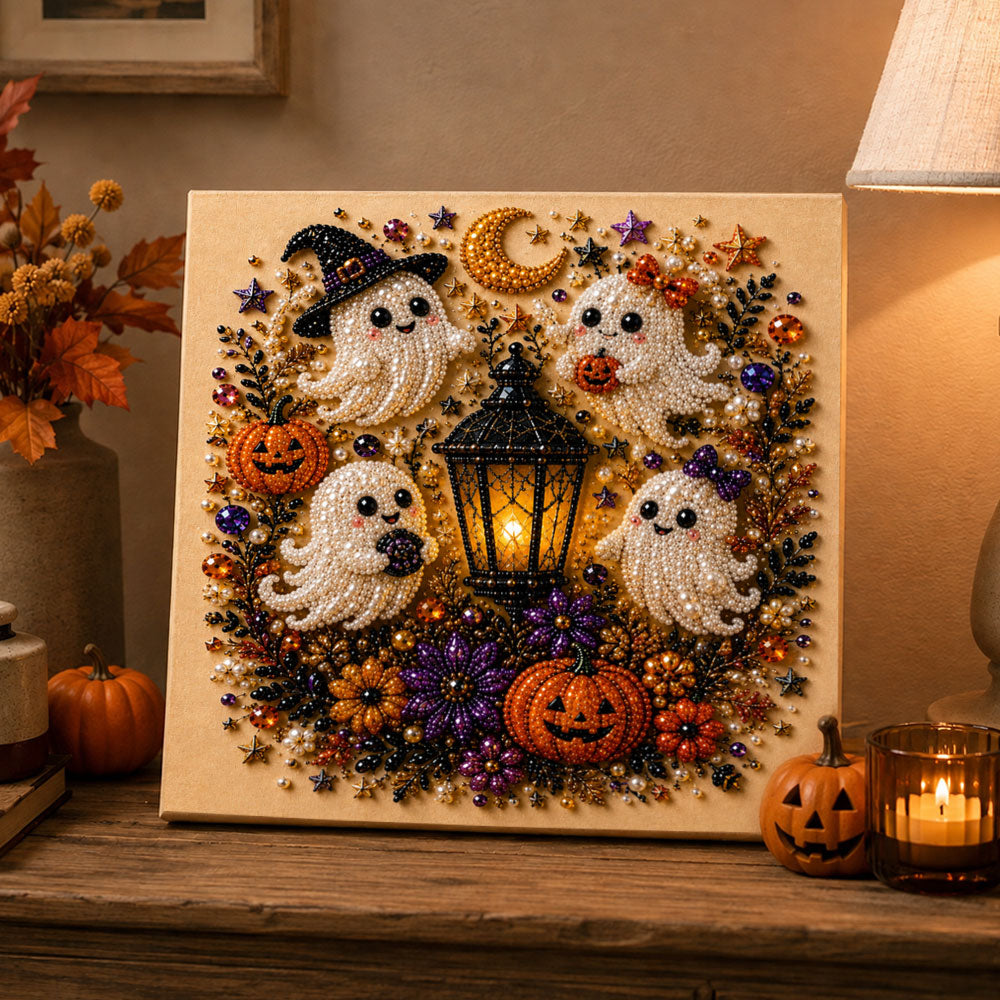Finished halloween ghost lantern wreath pearl diamond painting artwork displayed as holiday home decor
