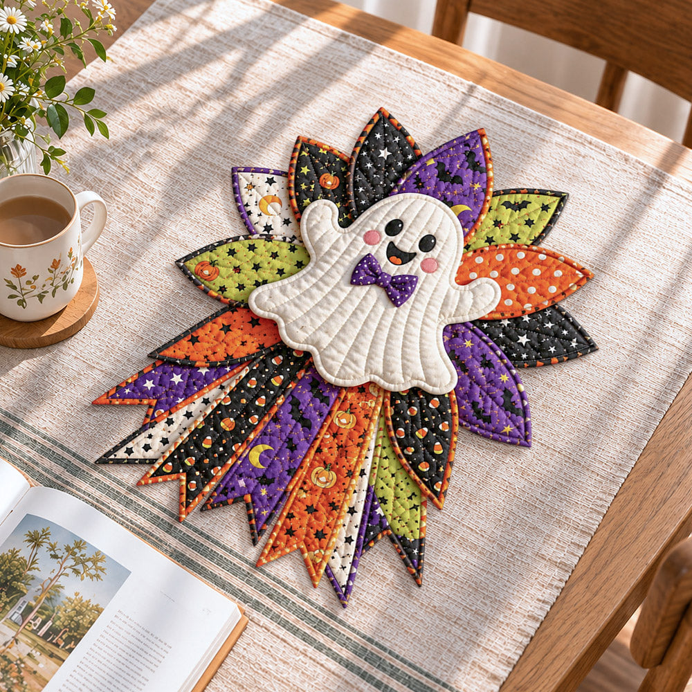 Halloween ghost handmade quilted bow displayed on a table as seasonal home decor