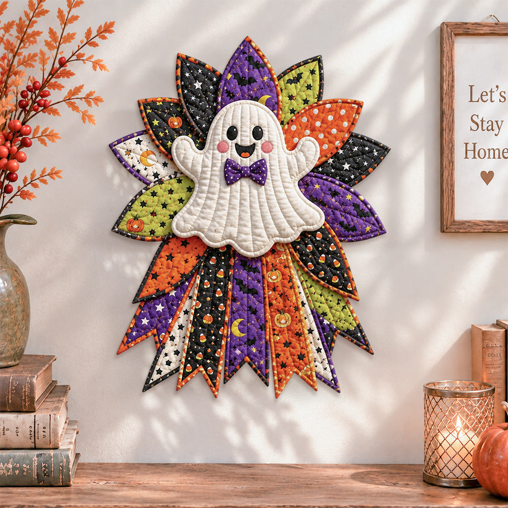 Halloween ghost quilted bow displayed as handmade wall decor in a cozy home