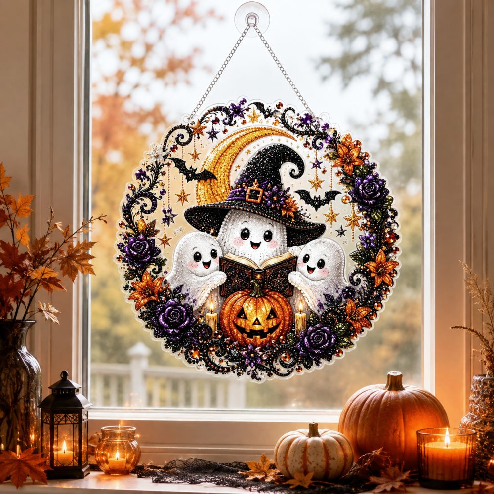 Finished halloween ghost story pearl diamond painting artwork displayed as holiday home decor