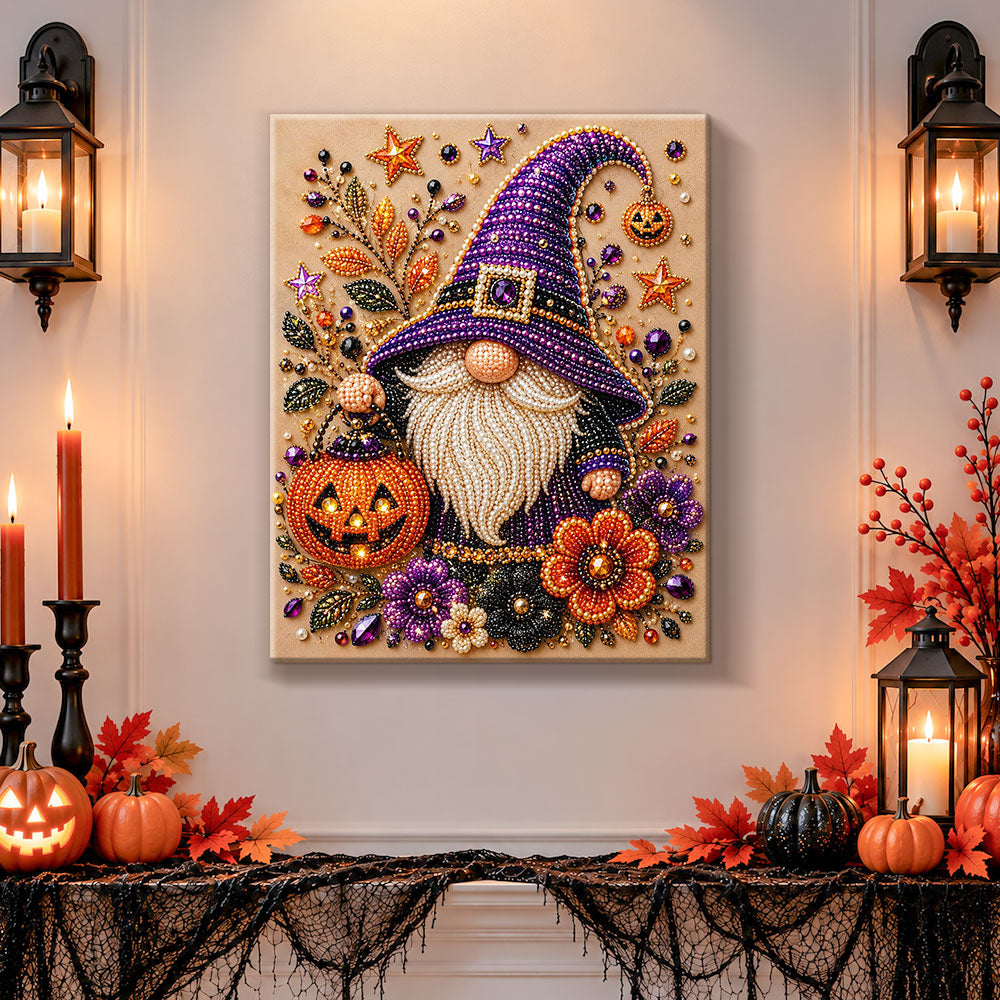 Finished halloween gnome with pumpkin pearl diamond painting artwork displayed as holiday home decor