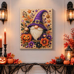 Finished halloween gnome with pumpkin pearl diamond painting artwork displayed as holiday home decor