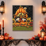 Finished halloween gnomes pumpkin home pearl diamond painting artwork displayed as holiday home decor