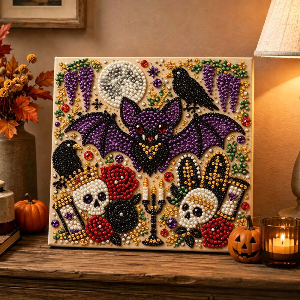 Finished halloween gothic bat and skulls pearl diamond painting artwork displayed as holiday home decor