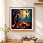 Finished halloween graveyard scene cross stitch artwork displayed as home decor