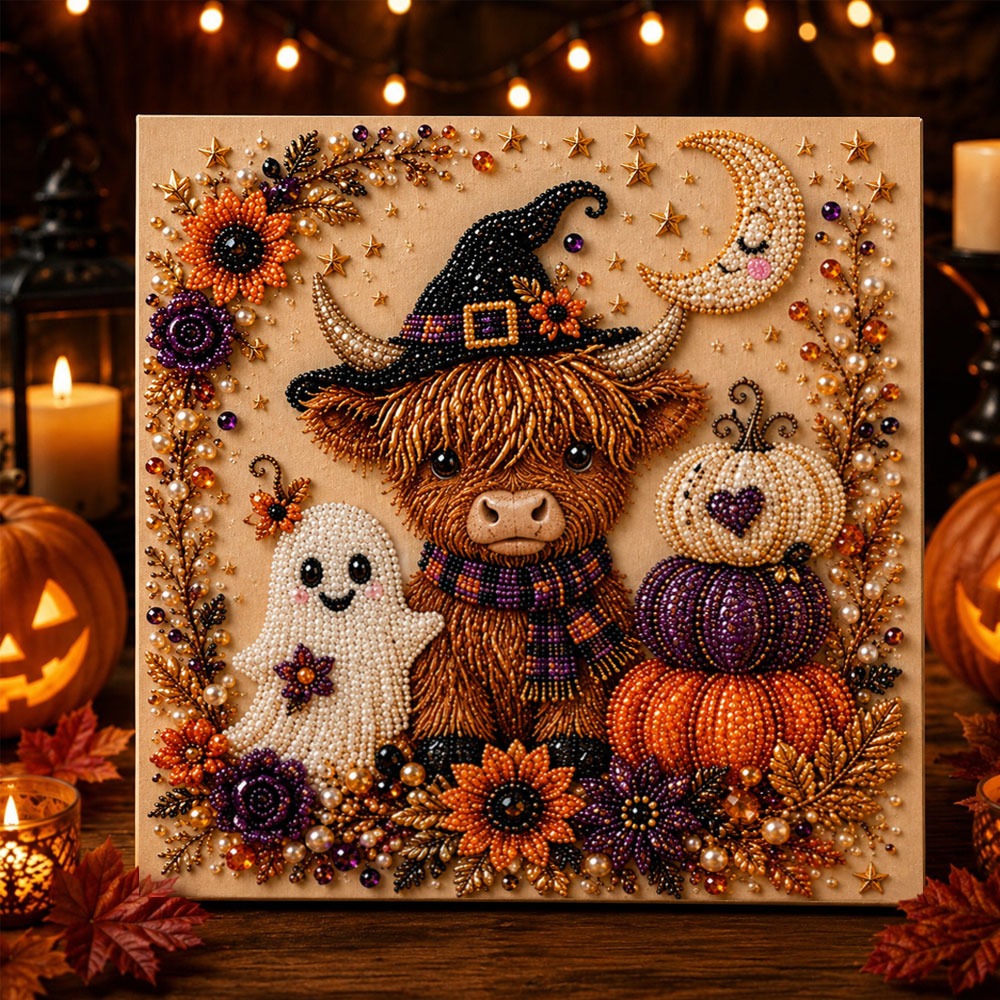 Halloween highland cow and ghost pearl diamond painting kit for beginners