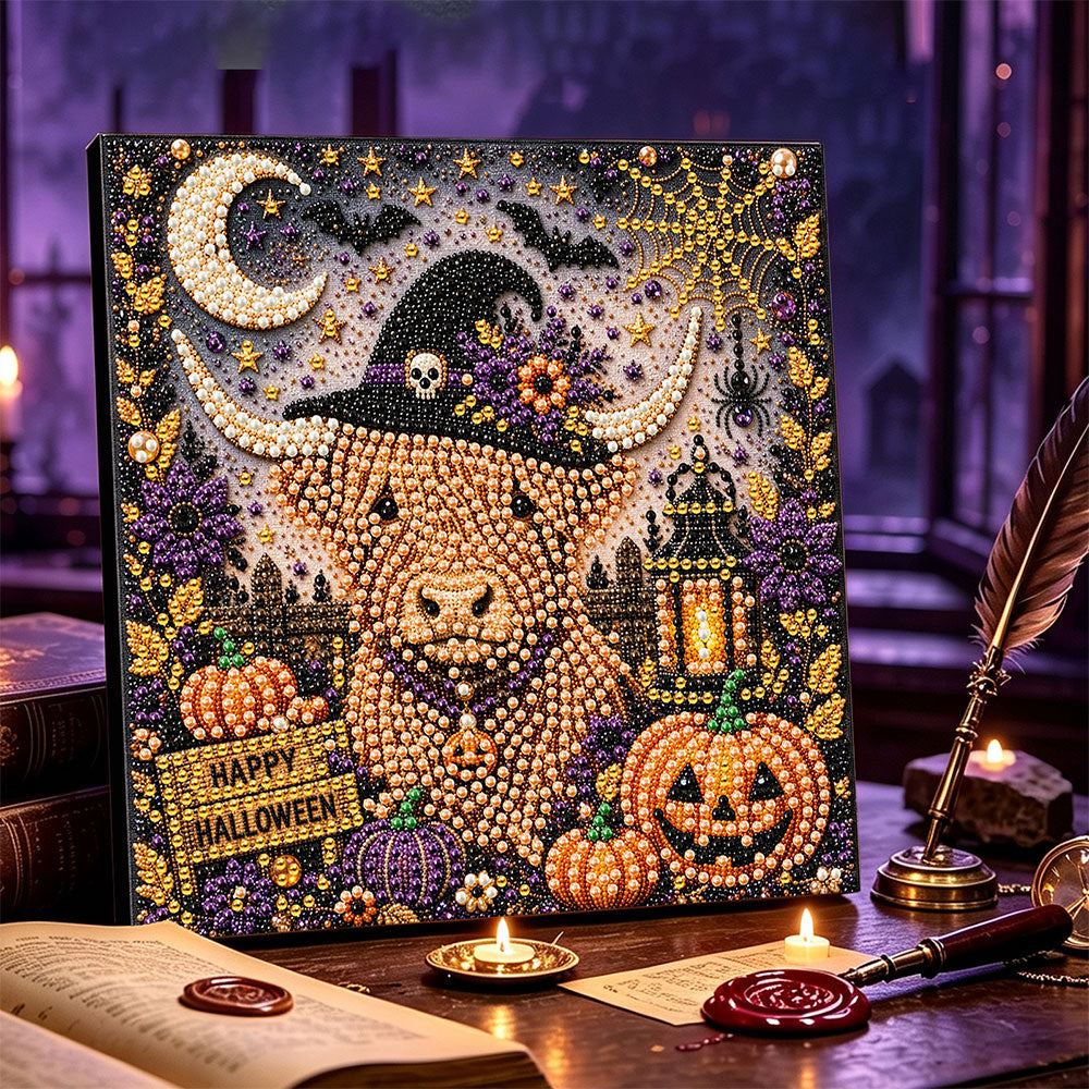 Halloween highland cow with witch hat pearl diamond painting kit for beginners
