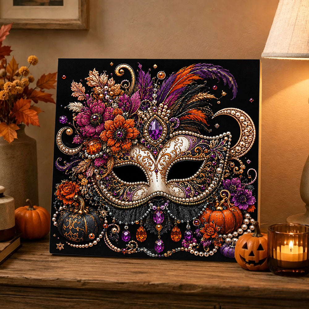 Finished halloween masquerade mask pearl diamond painting artwork displayed as holiday home decor