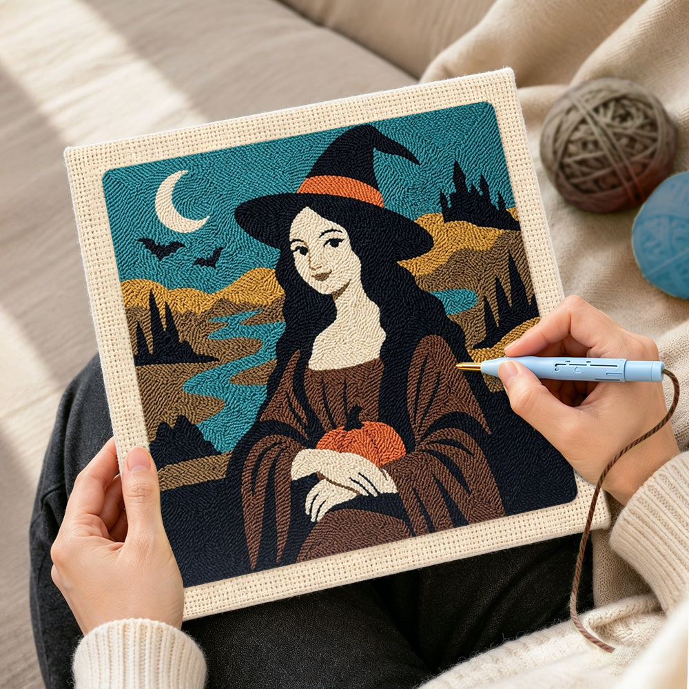 Creating handmade halloween mona lisa witch punch needle artwork