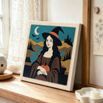 Halloween mona lisa witch punch needle artwork displayed on a table