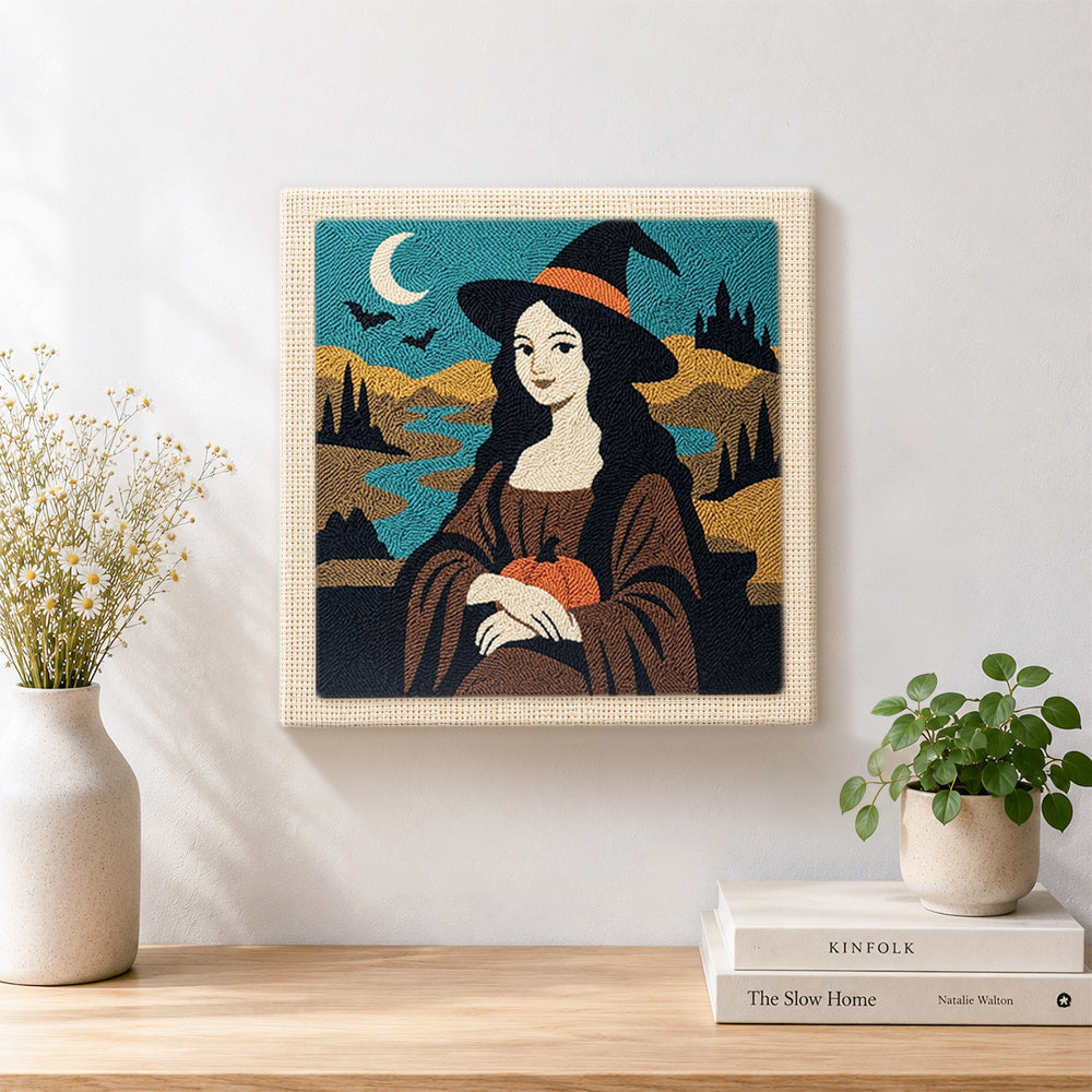 Finished halloween mona lisa witch artwork displayed on a wall