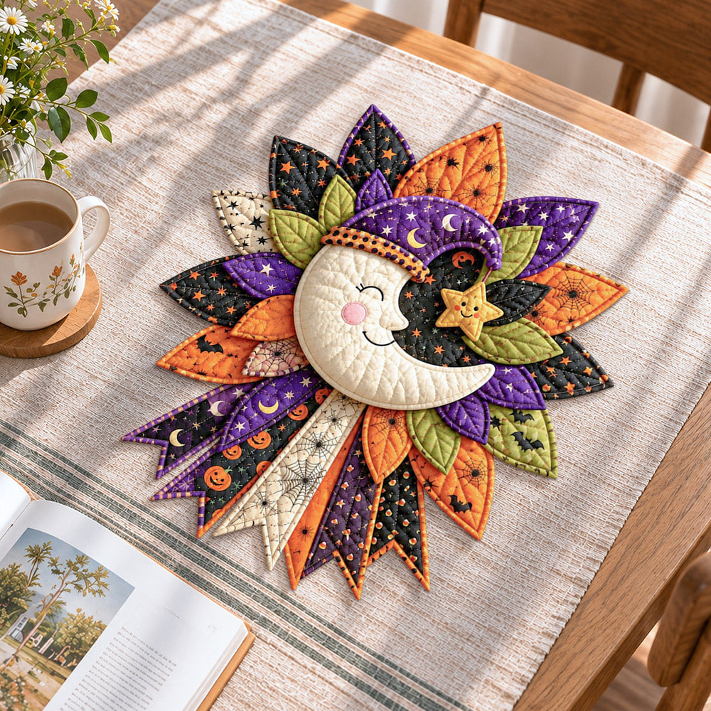 Halloween moon handmade quilted bow displayed on a table as seasonal home decor
