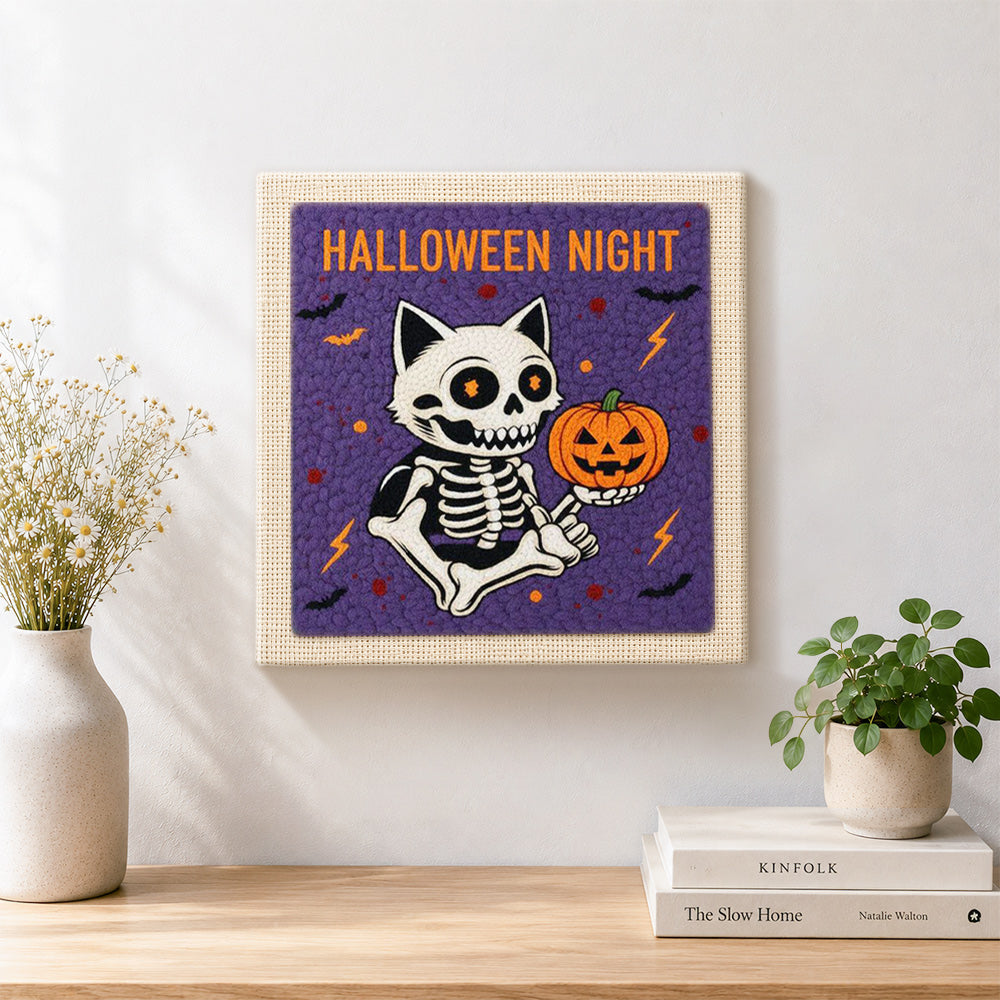 Finished halloween night skeleton cat artwork displayed on a wall