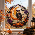 Finished halloween owl & crescent moon pearl diamond painting artwork displayed as holiday home decor