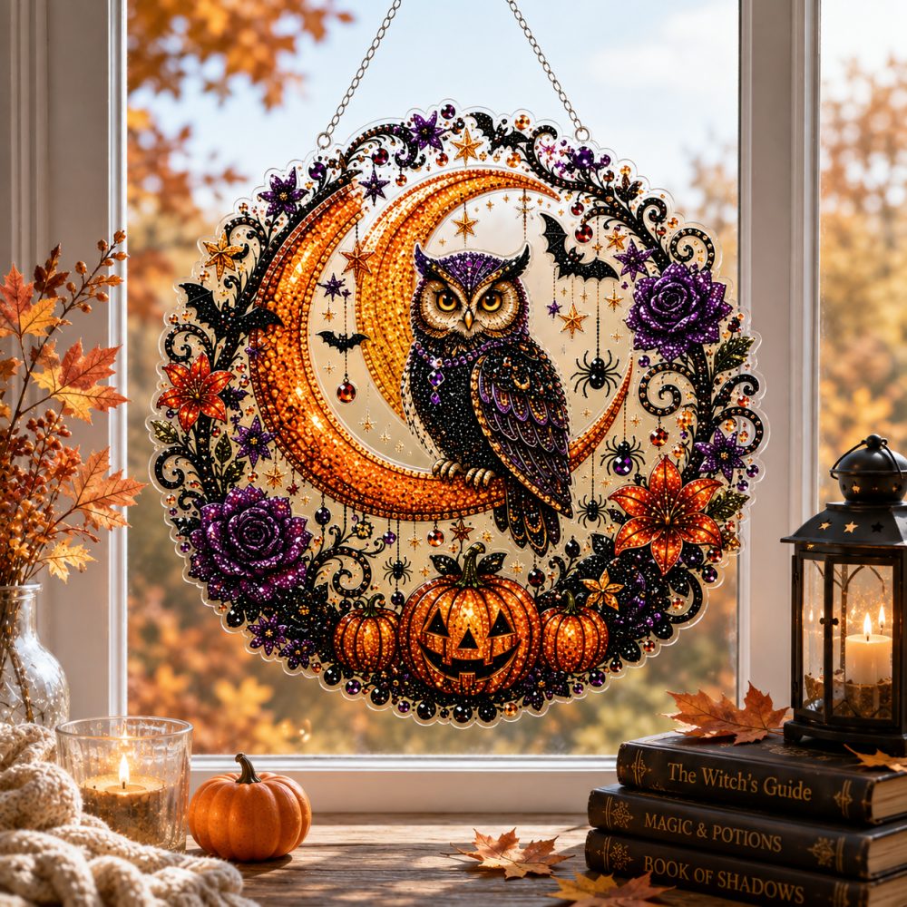 Finished halloween owl & crescent moon pearl diamond painting artwork displayed as holiday home decor