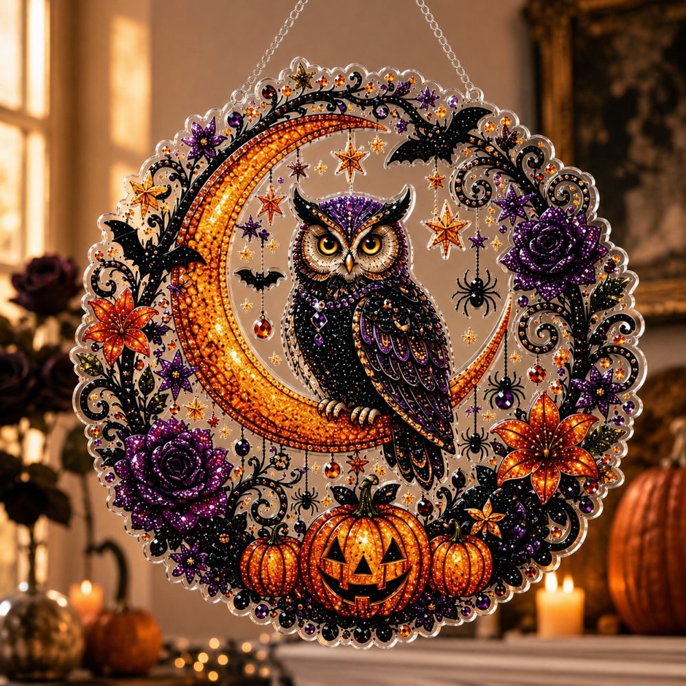 Halloween owl & crescent moon pearl diamond painting kit for beginners
