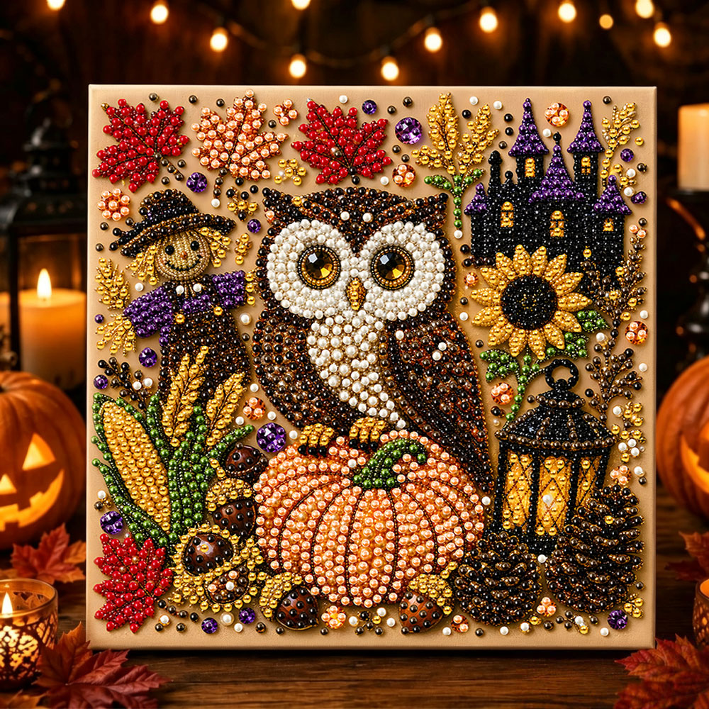 Halloween owl with scarecrow pearl diamond painting kit for beginners