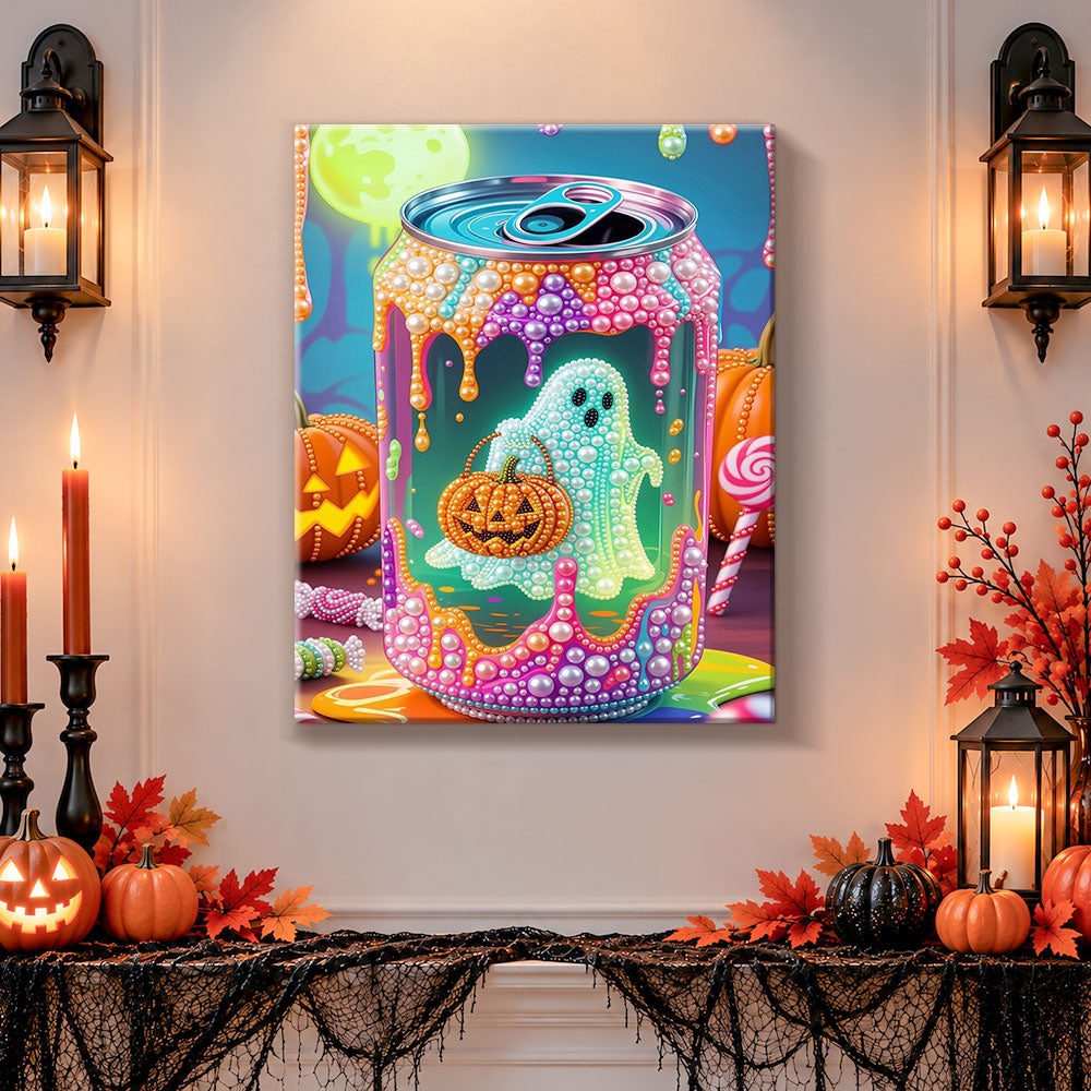 Finished halloween pearl can art pearl diamond painting artwork displayed as holiday home decor