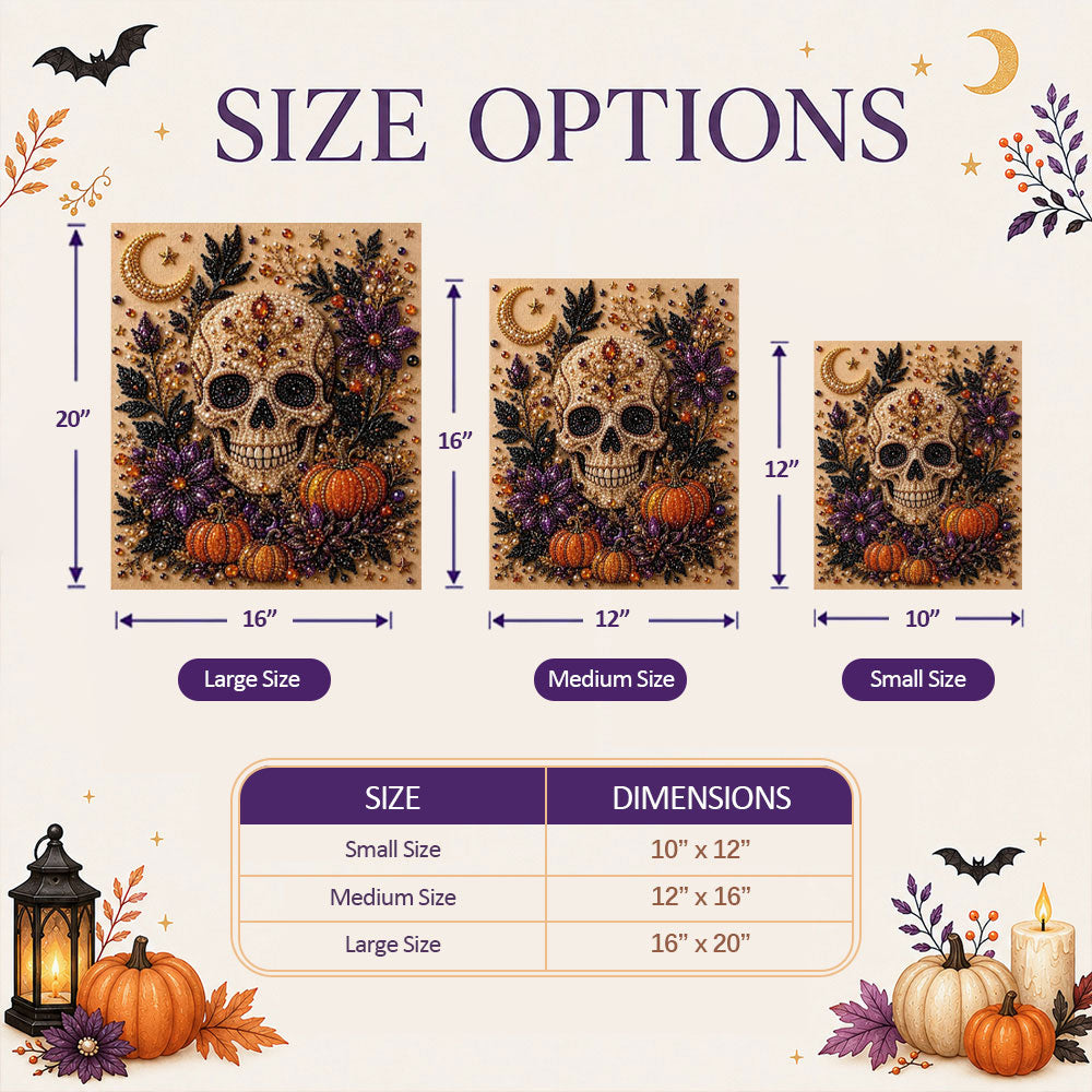 Halloween pearl diamond painting size guide with multiple rectangular size options
