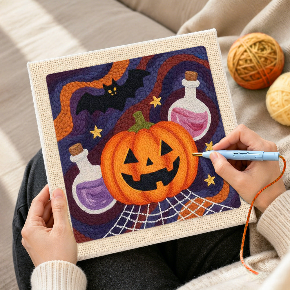 Creating handmade halloween potion and bat punch needle artwork