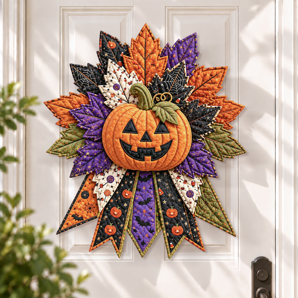Halloween pumpkin DIY quilted bow sewing kit finished as a handmade door decoration