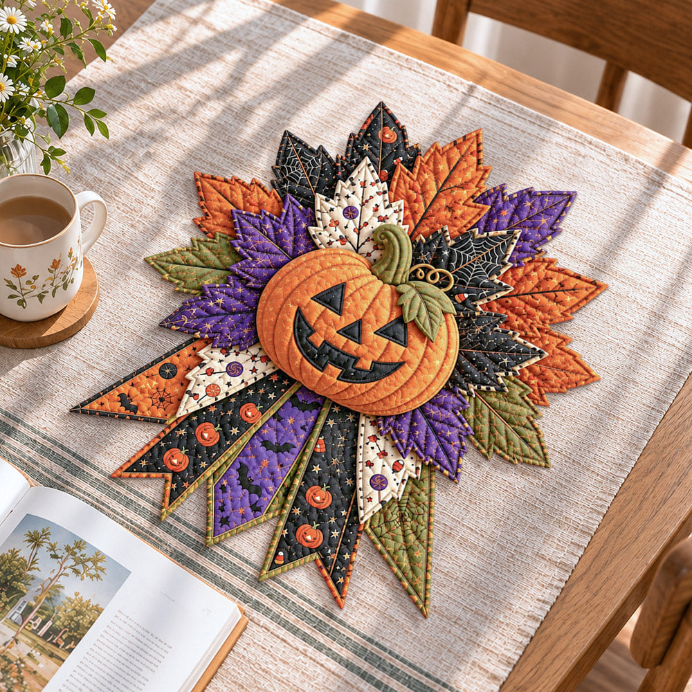 Halloween pumpkin handmade quilted bow displayed on a table as seasonal home decor