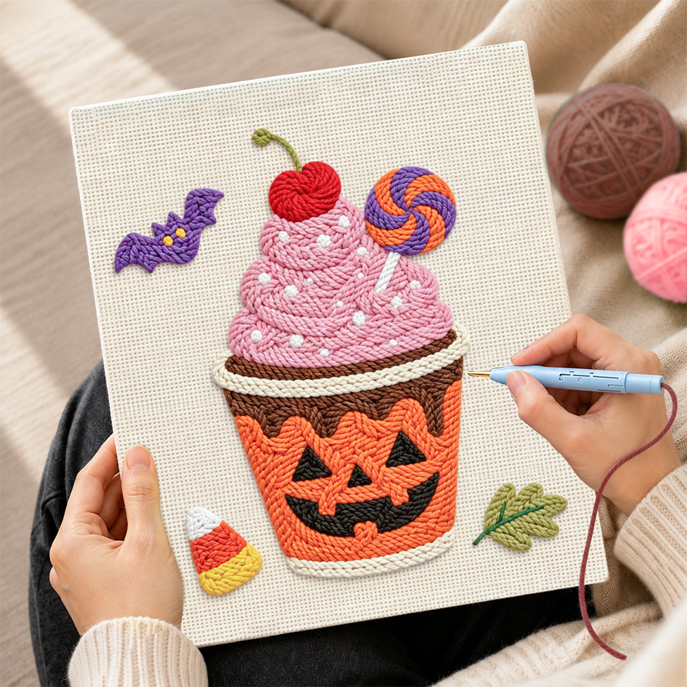Creating handmade halloween pumpkin sundae punch needle artwork