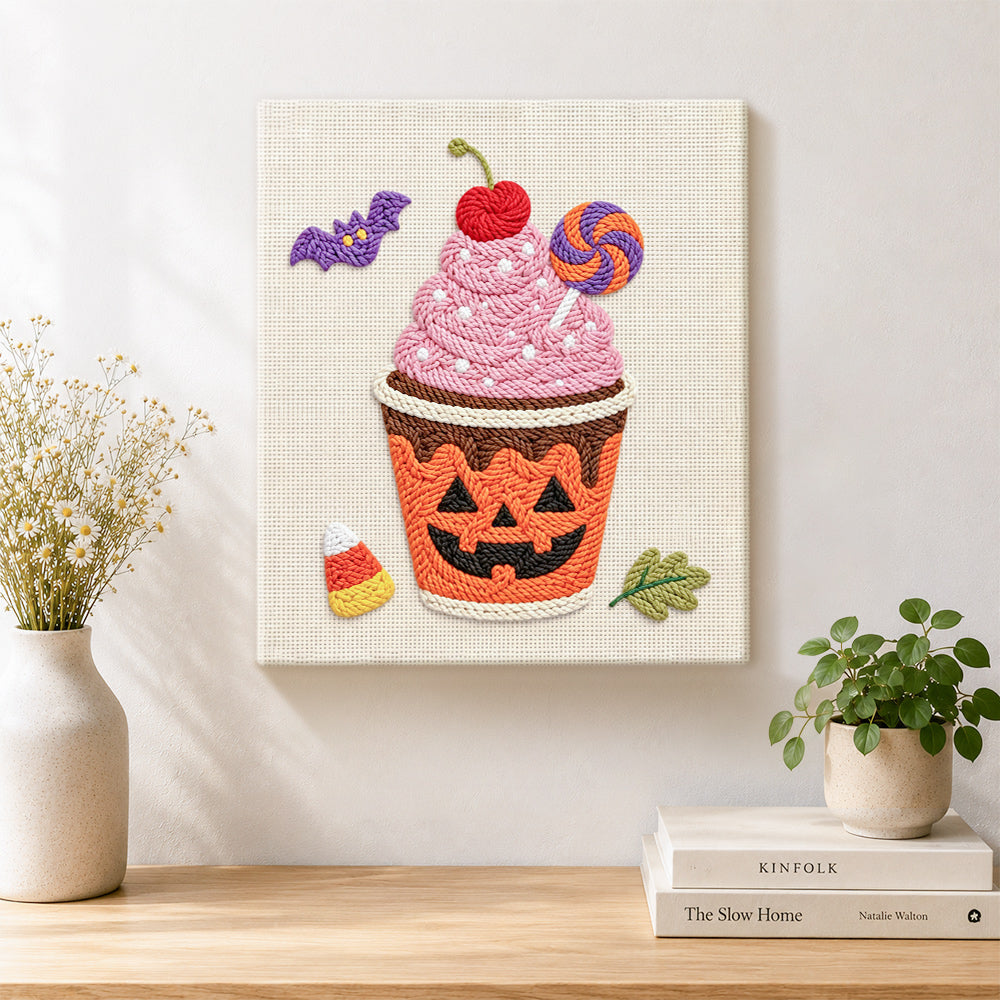 Finished halloween pumpkin sundae artwork displayed on a wall