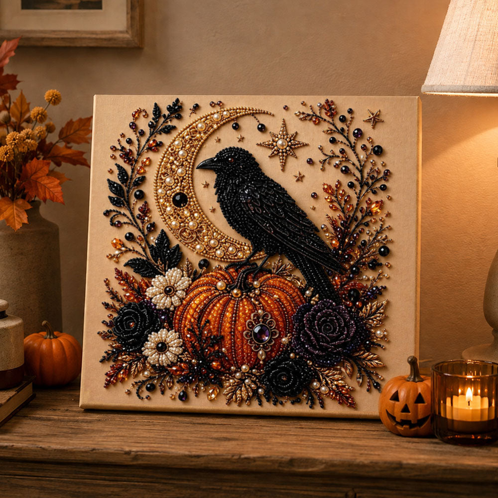 Finished halloween raven and pumpkin pearl diamond painting artwork displayed as holiday home decor