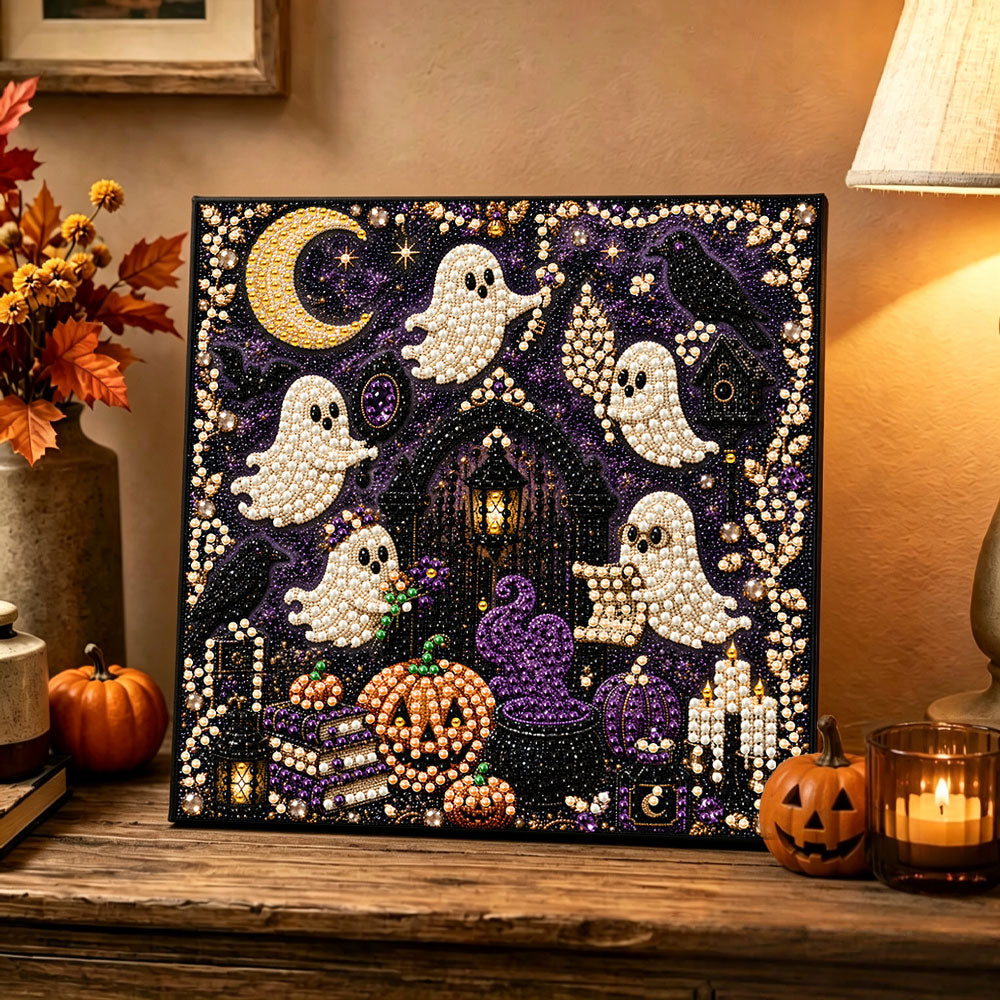 Finished halloween spooky ghosts and pumpkins pearl diamond painting artwork displayed as holiday home decor