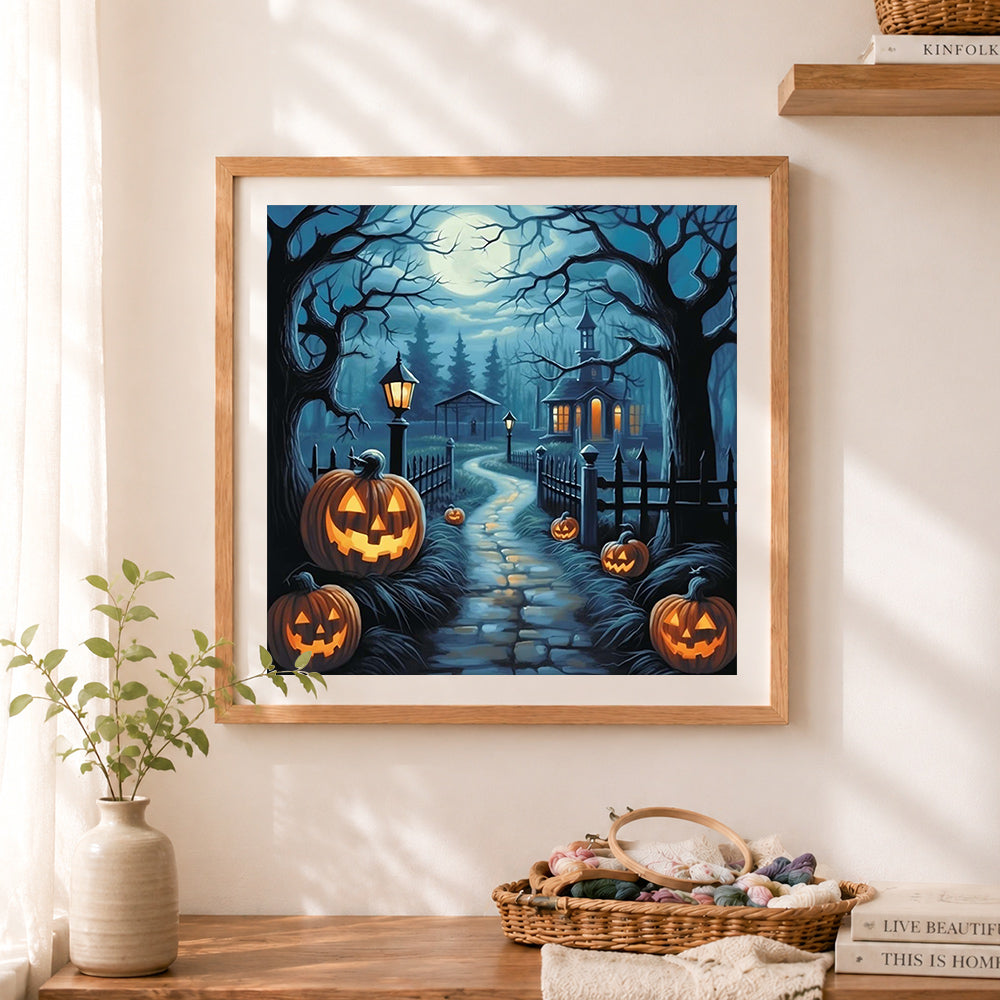 Finished halloween spooky path cross stitch artwork displayed as home decor