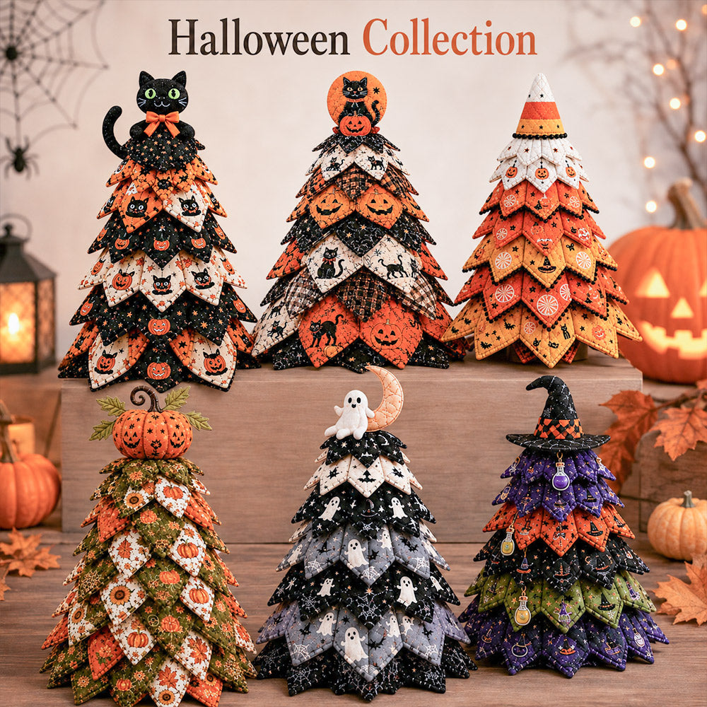 Halloween collection of six DIY quilted Halloween tree kits in different festive themed designs