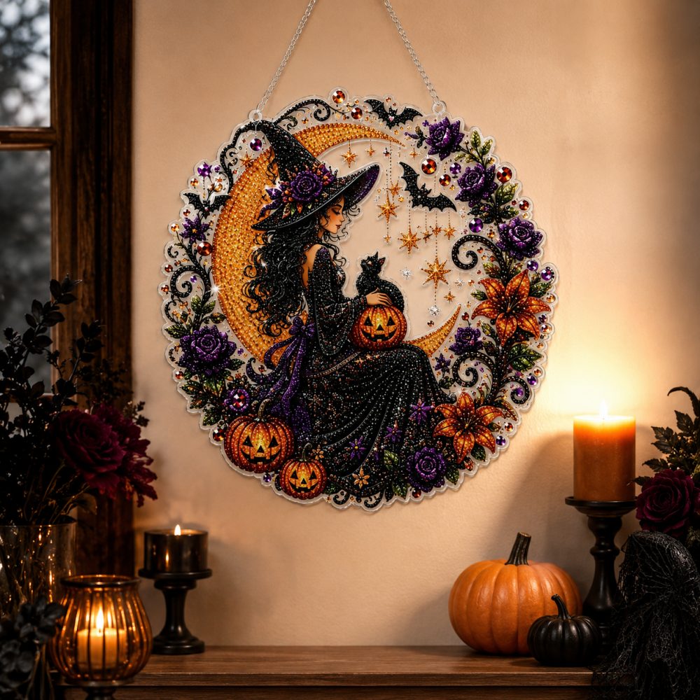 Finished halloween witch & black cat moon pearl diamond painting artwork displayed as holiday home decor