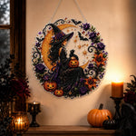 Finished halloween witch & black cat moon pearl diamond painting artwork displayed as holiday home decor