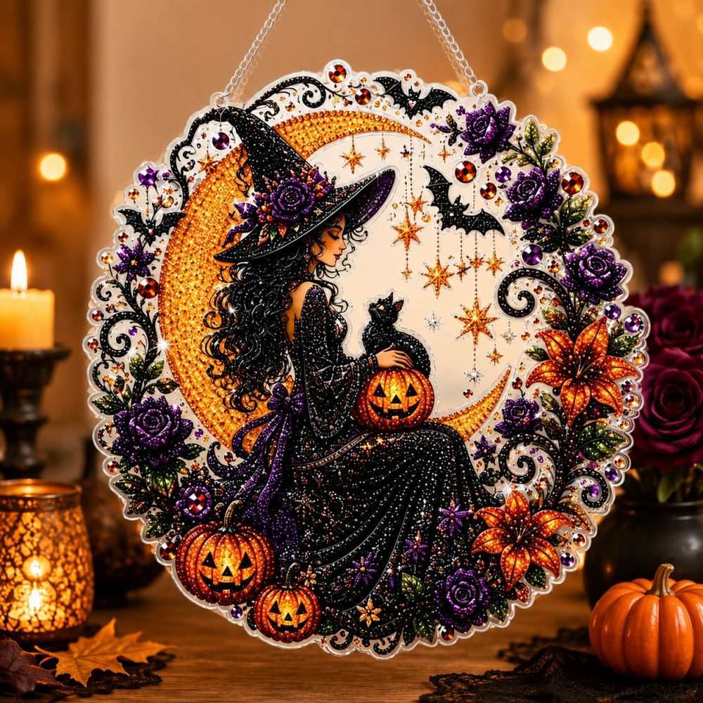 Halloween witch & black cat pearl diamond painting kit for beginners