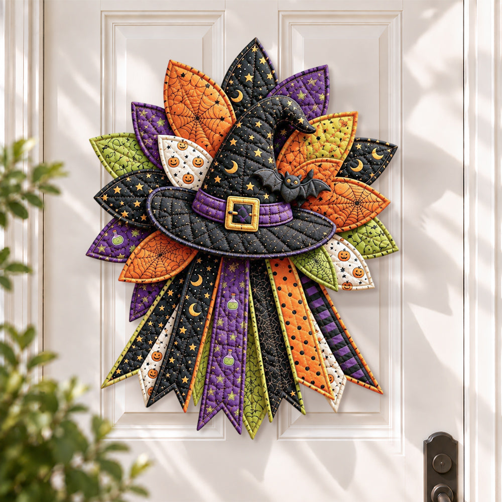 Halloween witch hat DIY quilted bow sewing kit finished as a handmade door decoration