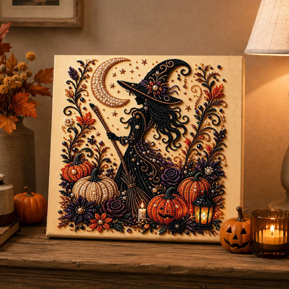 Finished halloween witch under moonlight pearl diamond painting artwork displayed as holiday home decor