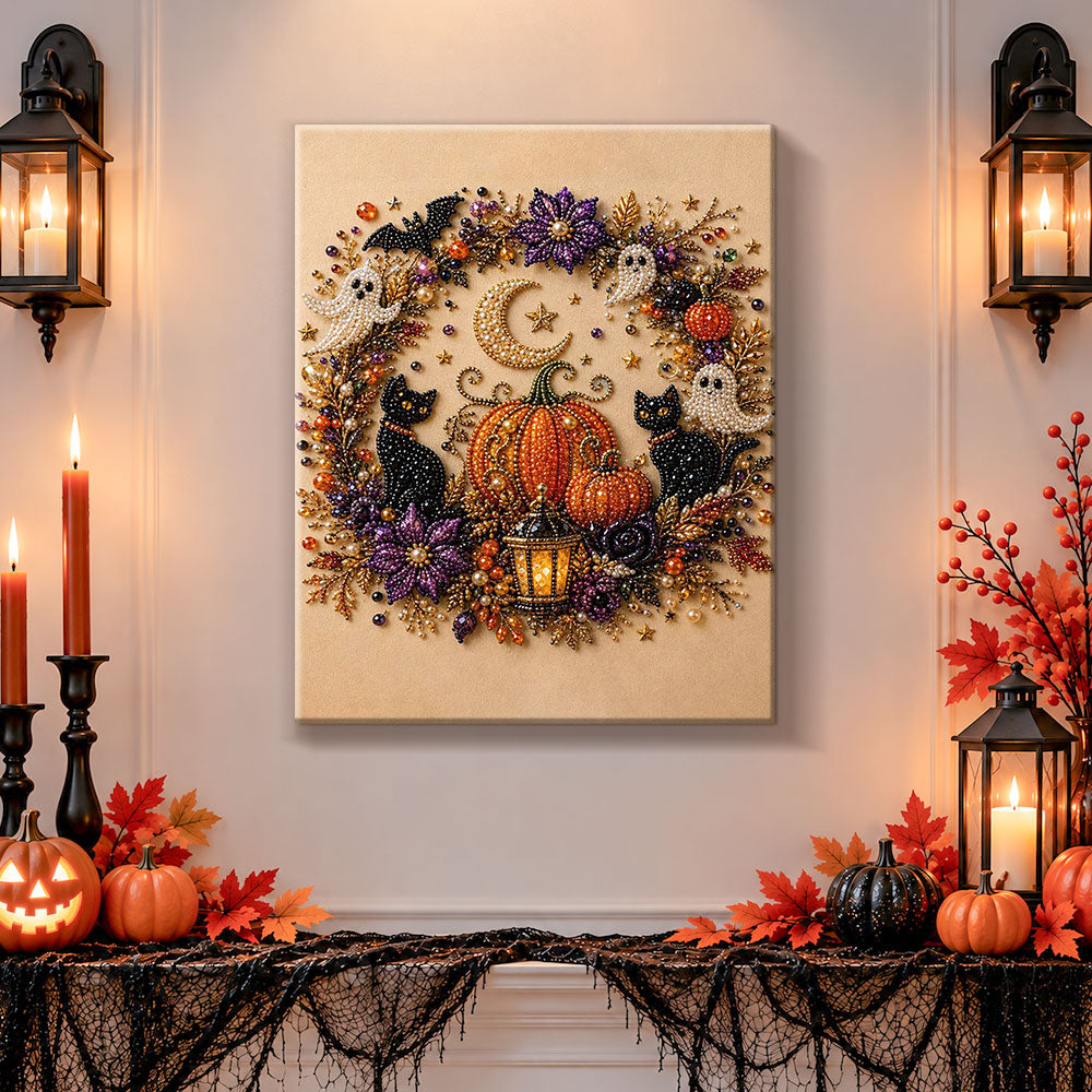 Finished halloween wreath with ghosts pearl diamond painting artwork displayed as holiday home decor