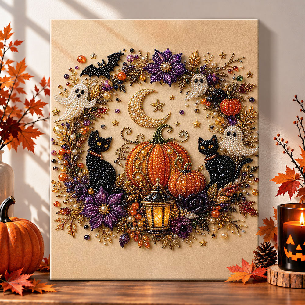Halloween wreath with ghosts pearl diamond painting kit for beginners