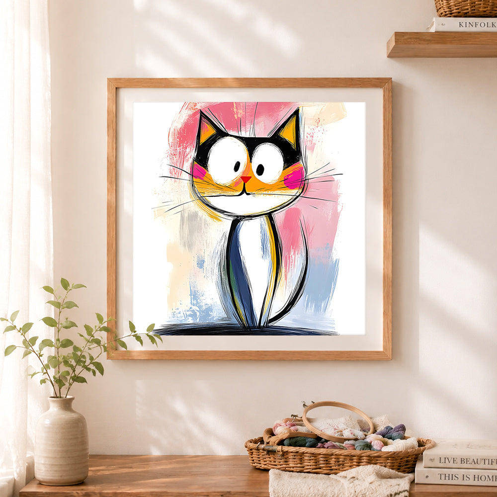Finished hand drawn sketch cat cross stitch artwork displayed as home decor