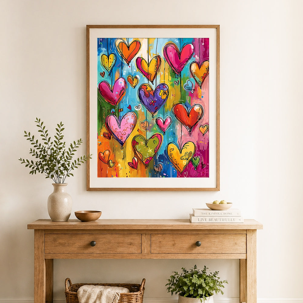 Finished hanging colorful heart ornaments cross stitch artwork displayed as home decor