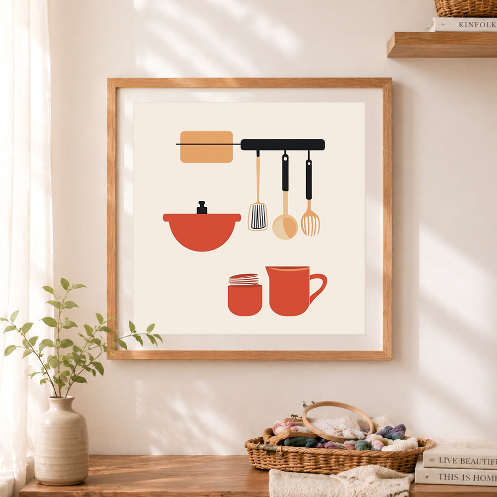 Finished hanging kitchen gadgets cross stitch artwork displayed as home decor
