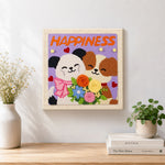 Finished "HAPPINESS" puppies with flower bouquet artwork displayed on a wall