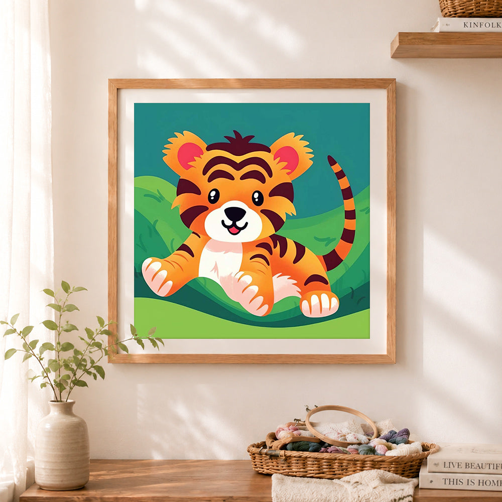 Finished happy baby tiger cross stitch artwork displayed as home decor