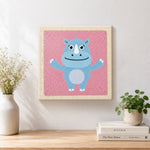 Finished happy blue rhino with open arms artwork displayed on a wall
