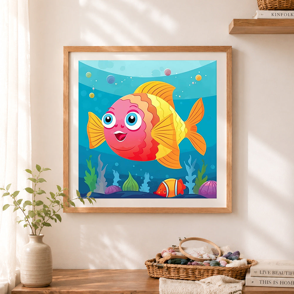 Finished happy cartoon fish cross stitch artwork displayed as home decor