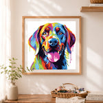 Finished happy colorful dog with tongue out cross stitch artwork displayed as home decor