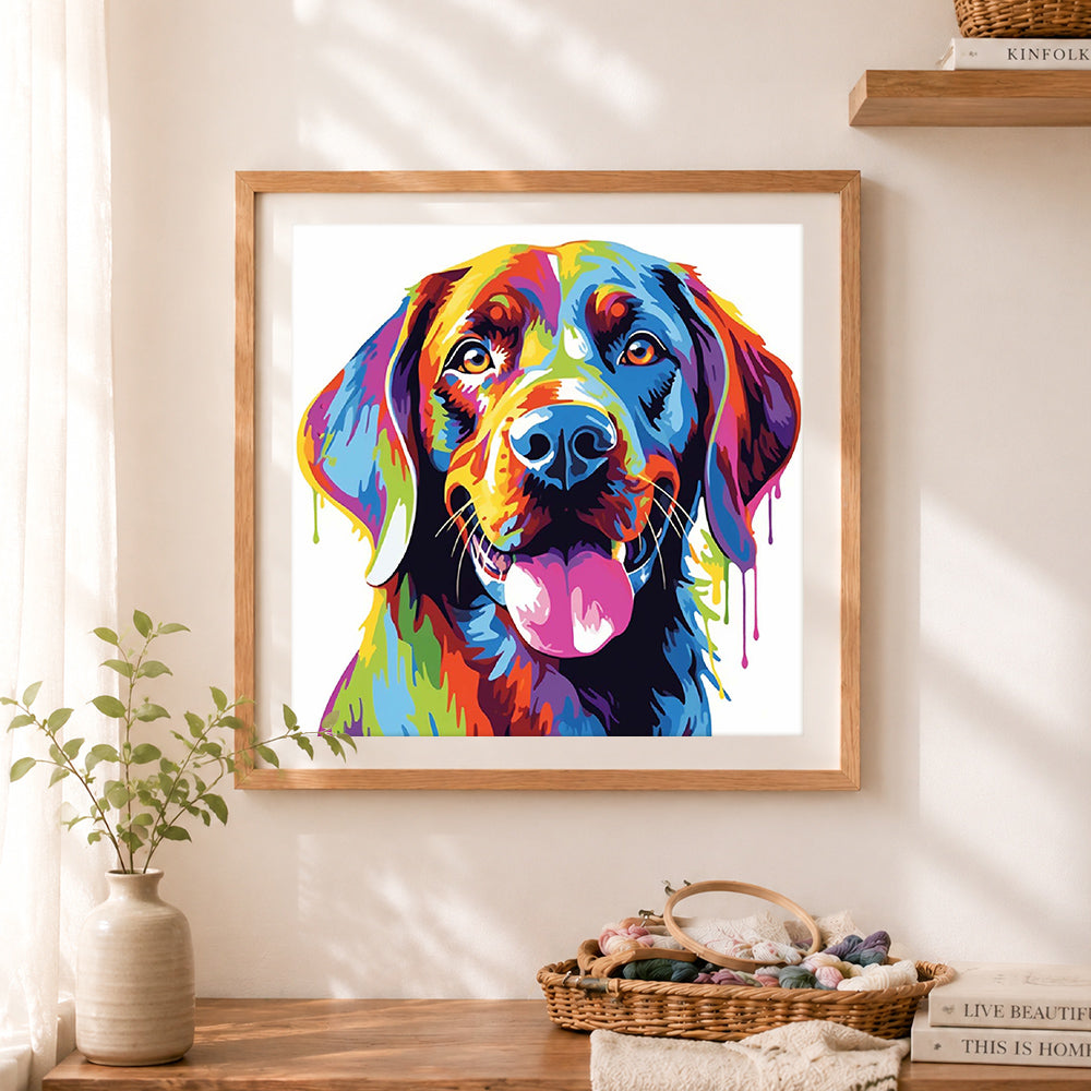 Finished happy colorful dog with tongue out cross stitch artwork displayed as home decor