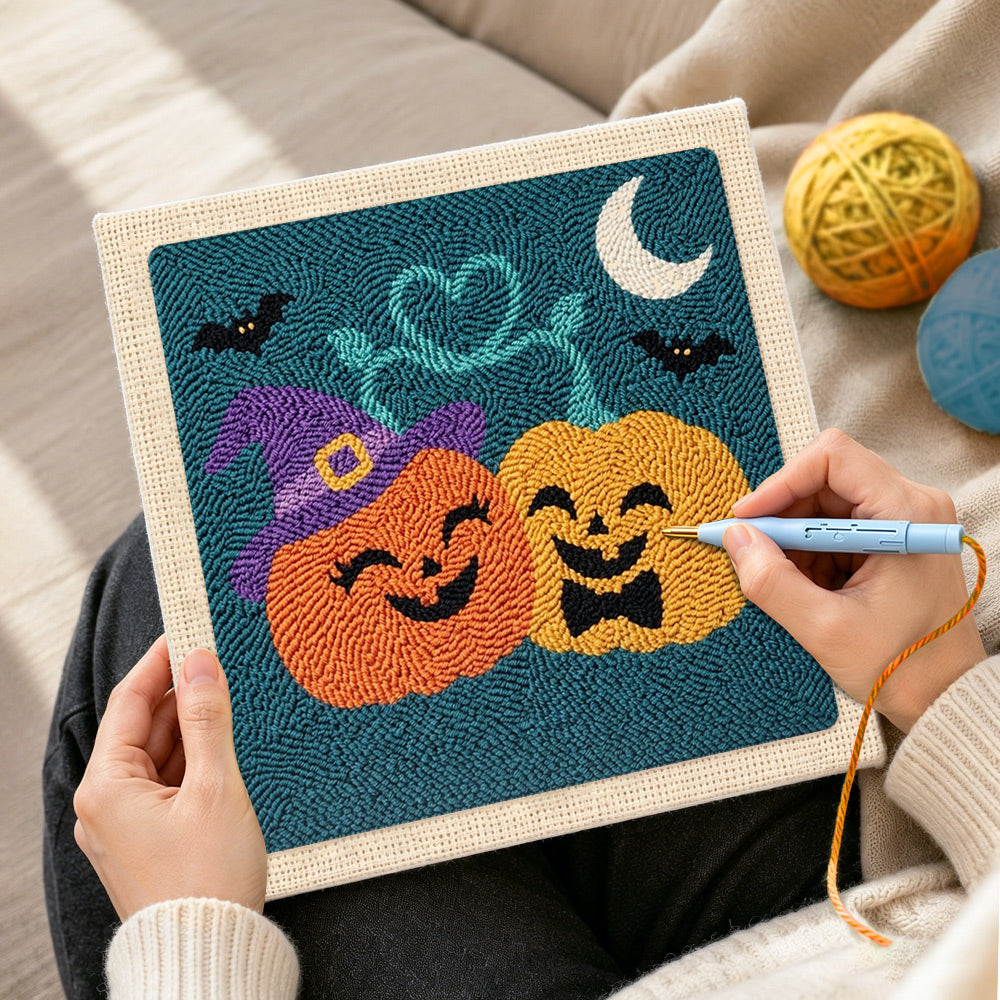 Creating handmade happy couple pumpkins punch needle artwork