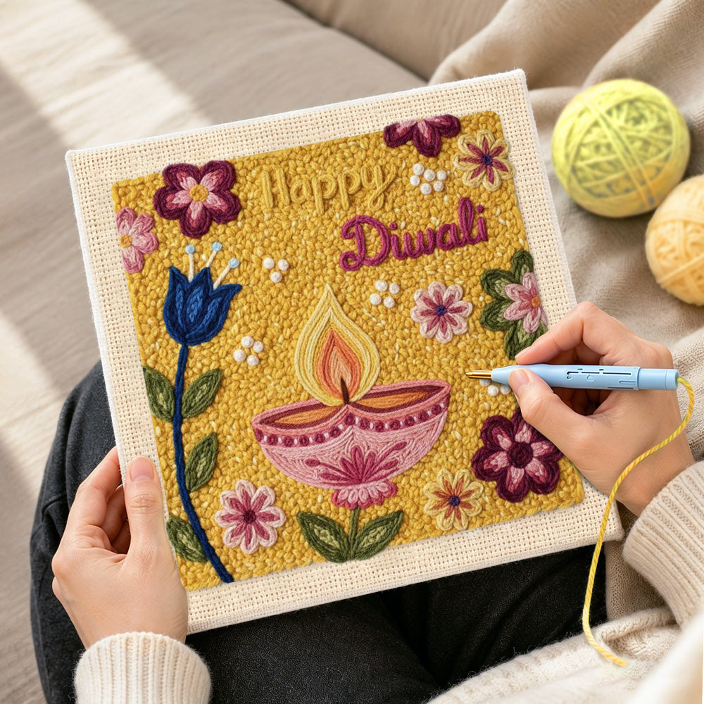 Creating handmade happy diwali floral punch needle artwork